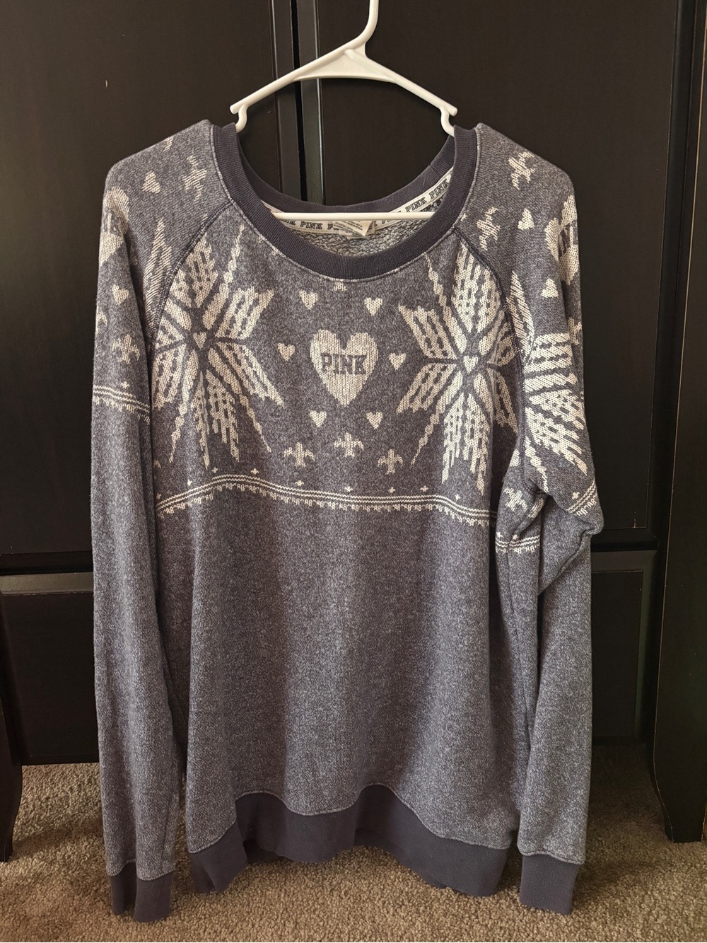 PINK Victoria's Secret Gray and White Snowflake Crewneck Sweater